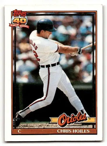 Original gloss Chris Hoiles Baltimore baseball card from 1991 Topps #42 featuring Hoiles Baltimore Orioles