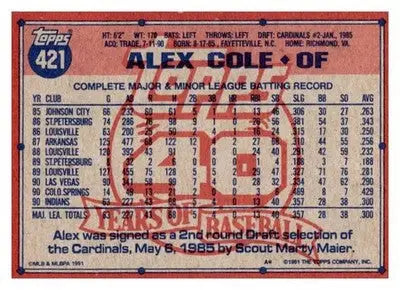 1991 Topps #421b Alex Cole - Baseball Card Single