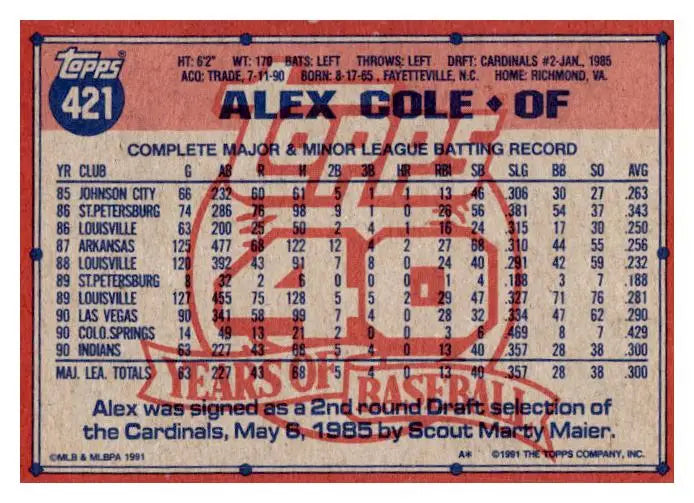 1991 Topps #421b Alex Cole - Baseball Card Single