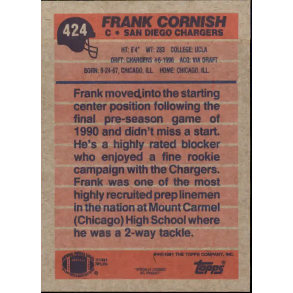 1991 Topps #424 Frank Cornish NM-MT San Diego Chargers Football Card - Football Card Single