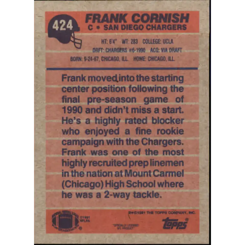 1991 Topps #424 Frank Cornish NM-MT San Diego Chargers Football Card - Football Card Single