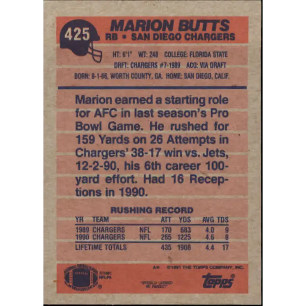 1991 Topps #425 Marion Butts NM-MT San Diego Chargers Football Card - Football Card Single