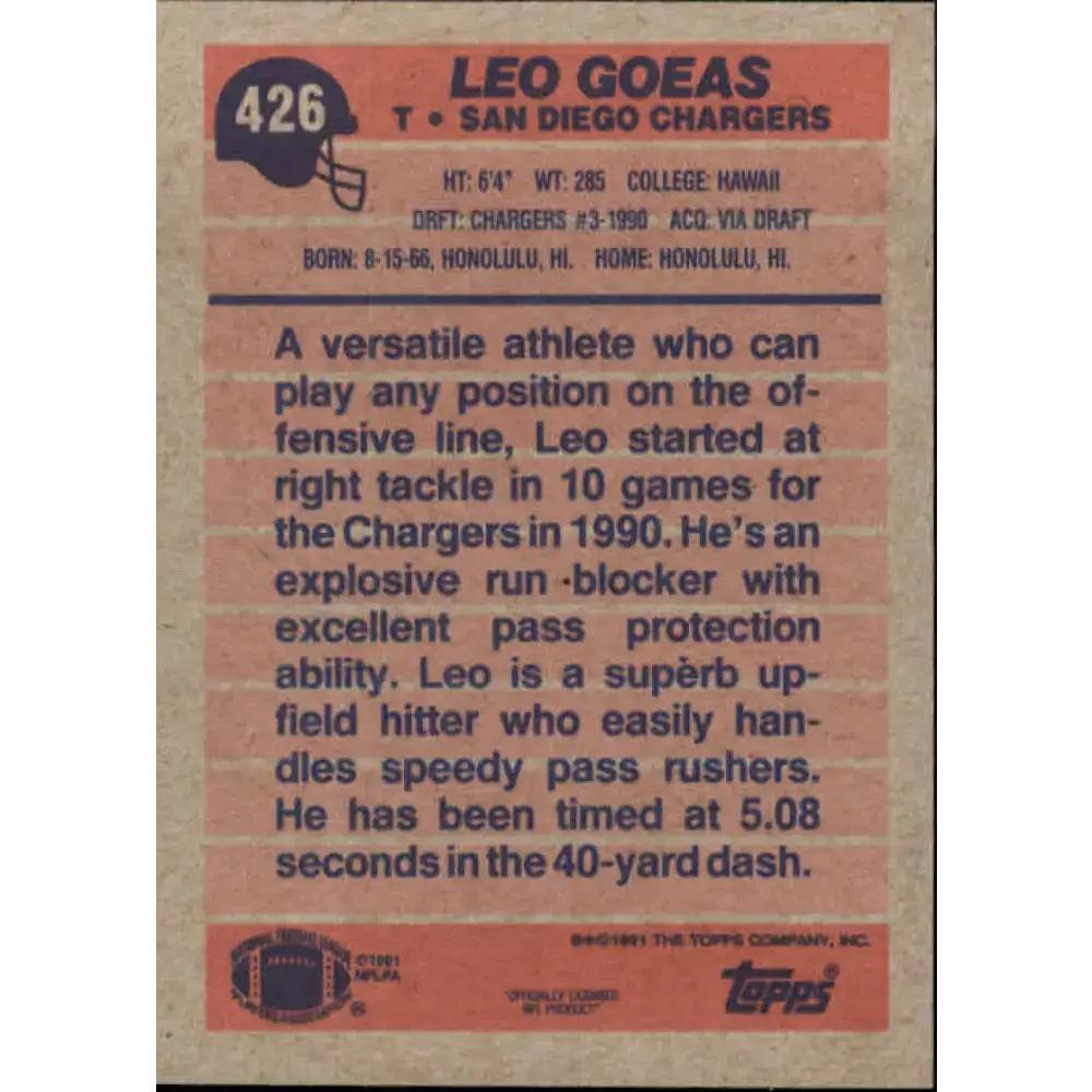 1991 Topps #426 Leo Goeas NM-MT RC Rookie San Diego Chargers Football Card - Football Card Single