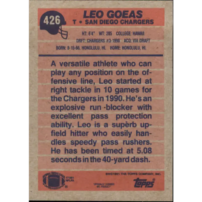 1991 Topps #426 Leo Goeas NM-MT RC Rookie San Diego Chargers Football Card - Football Card Single