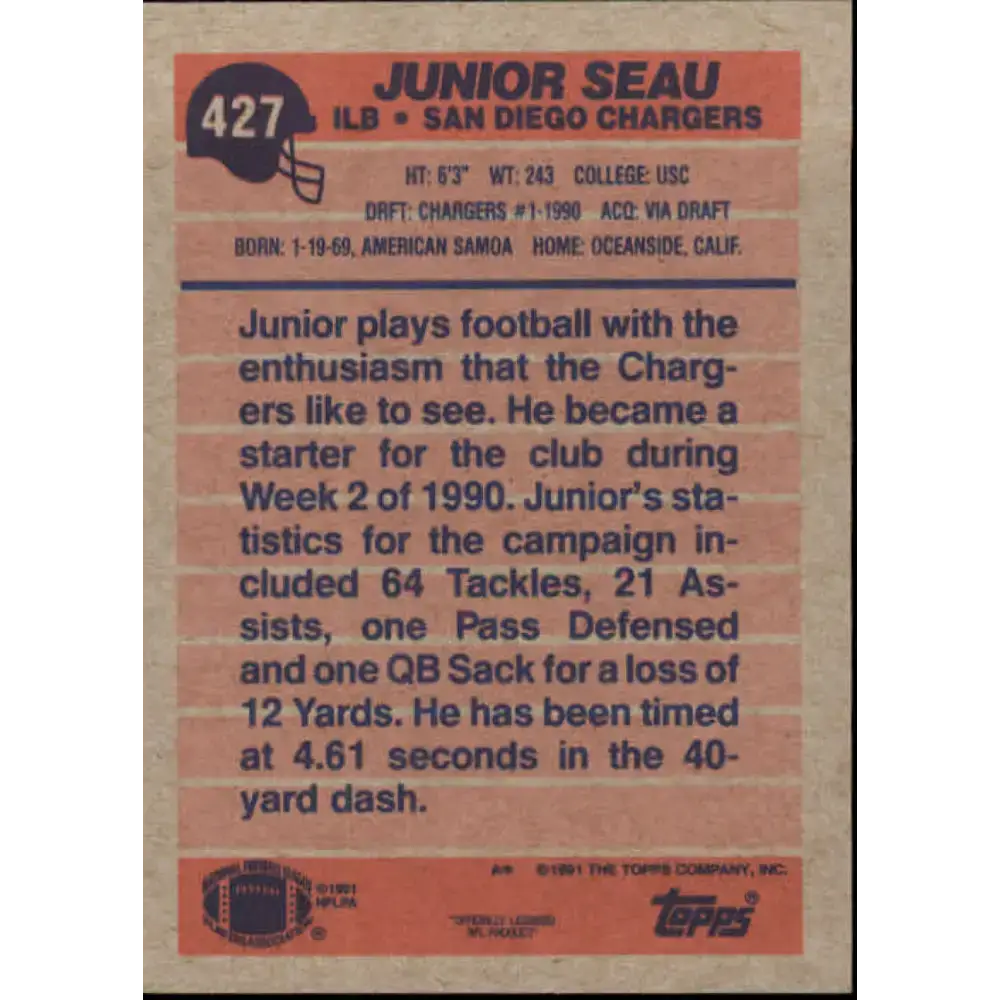 1991 Topps #427 Junior Seau NM-MT San Diego Chargers Football Card - Football Card Single