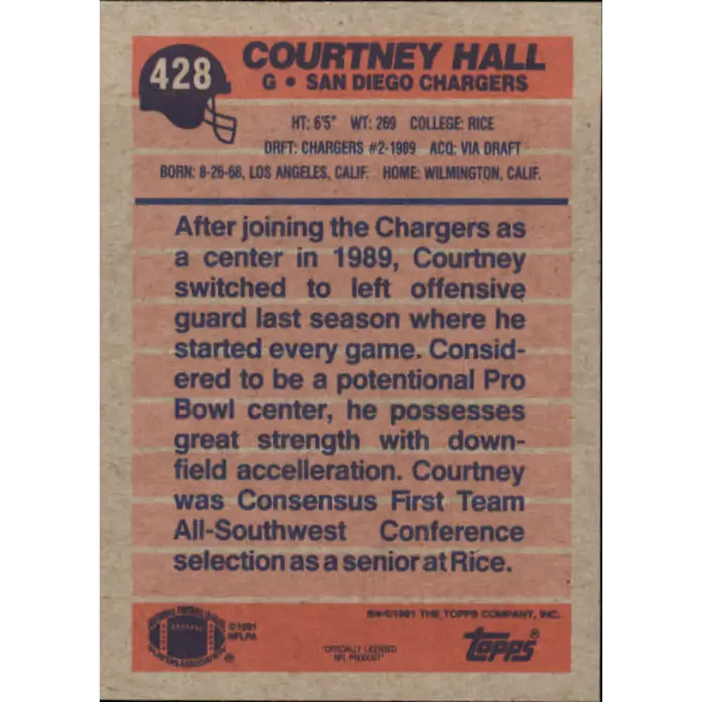 1991 Topps #428 Courtney Hall NM-MT San Diego Chargers Football Card - Football Card Single