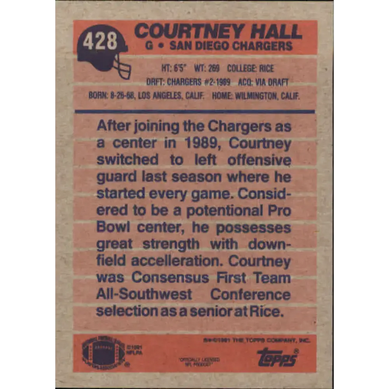 1991 Topps #428 Courtney Hall NM-MT San Diego Chargers Football Card - Football Card Single