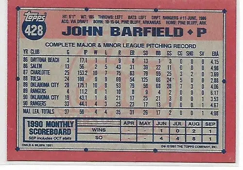 1991 Topps #428 John Barfield NM-MT Rangers - Baseball Card Single