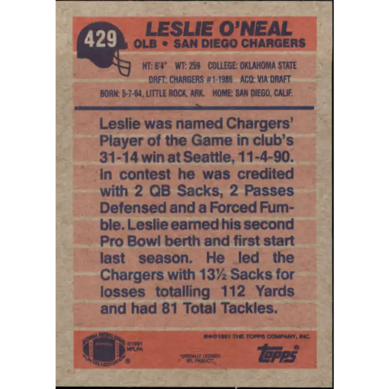 1991 Topps #429 Leslie O’Neal NM-MT San Diego Chargers Football Card - Football Card Single