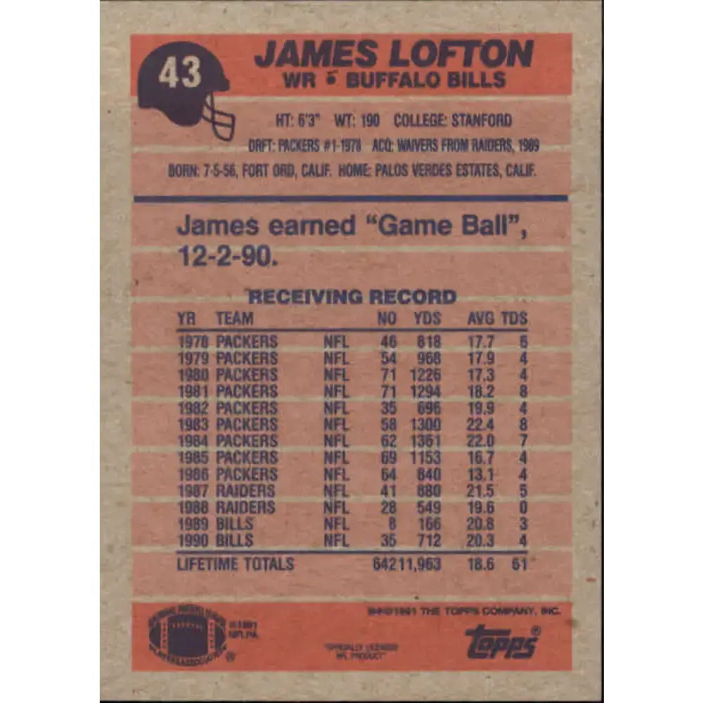 1991 Topps #43 James Lofton NM-MT Buffalo Bills Football Card - Football Card Single