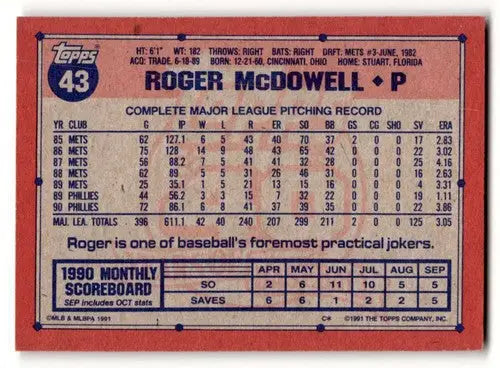 1991 Topps #43 Roger McDowell Philadelphia Phillies Baseball Cards E ID:54874 - Baseball Card Single