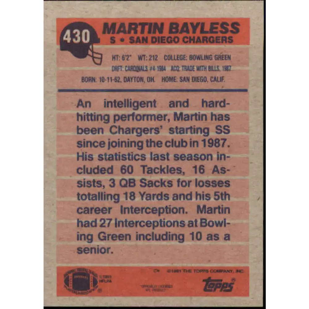 1991 Topps #430 Martin Bayless NM-MT San Diego Chargers Football Card - Football Card Single