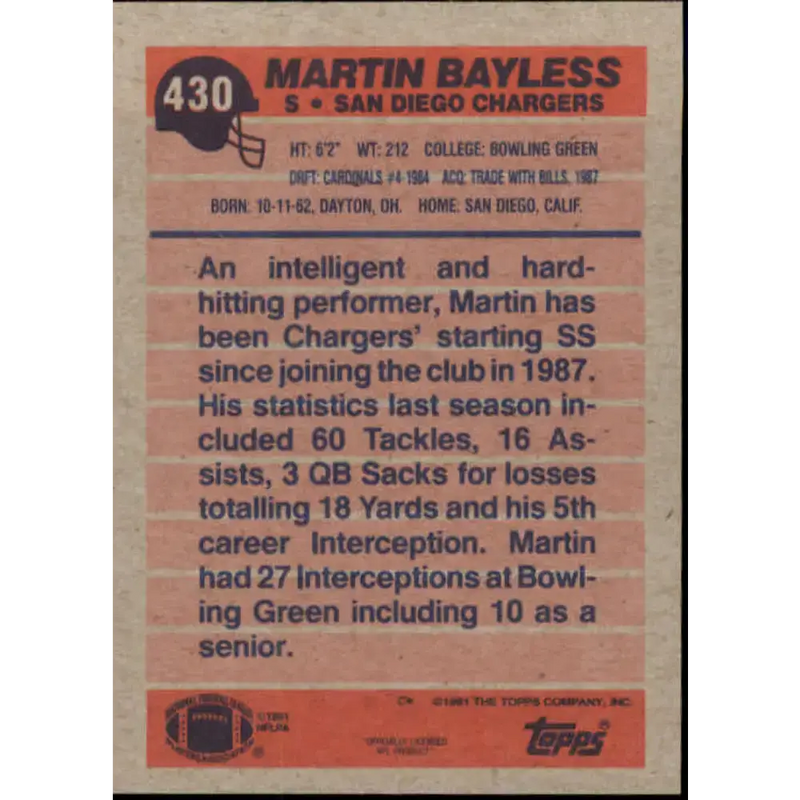 1991 Topps #430 Martin Bayless NM-MT San Diego Chargers Football Card - Football Card Single
