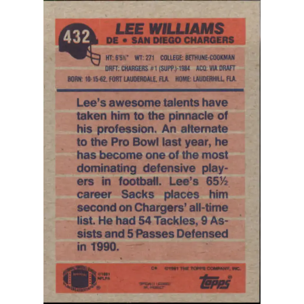 1991 Topps #432 Lee Williams NM-MT San Diego Chargers Football Card - Football Card Single