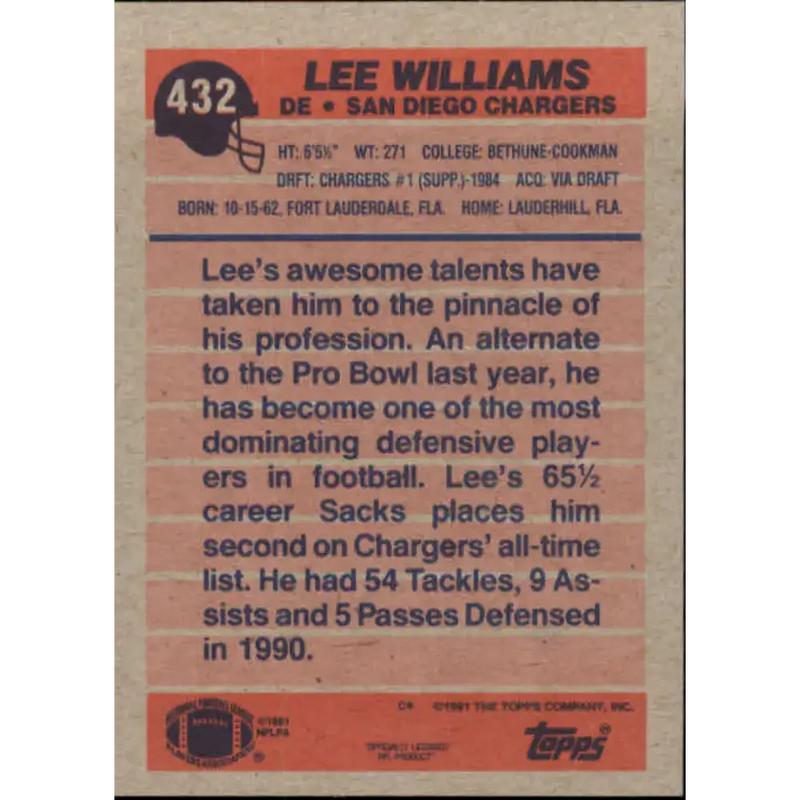 1991 Topps #432 Lee Williams NM-MT San Diego Chargers Football Card - Football Card Single