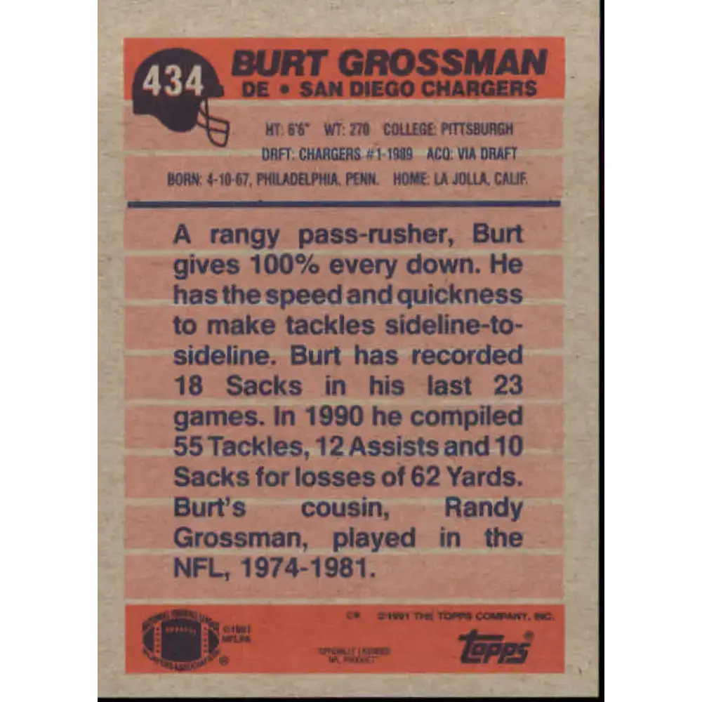 1991 Topps #434 Burt Grossman NM-MT San Diego Chargers Football Card - Football Card Single