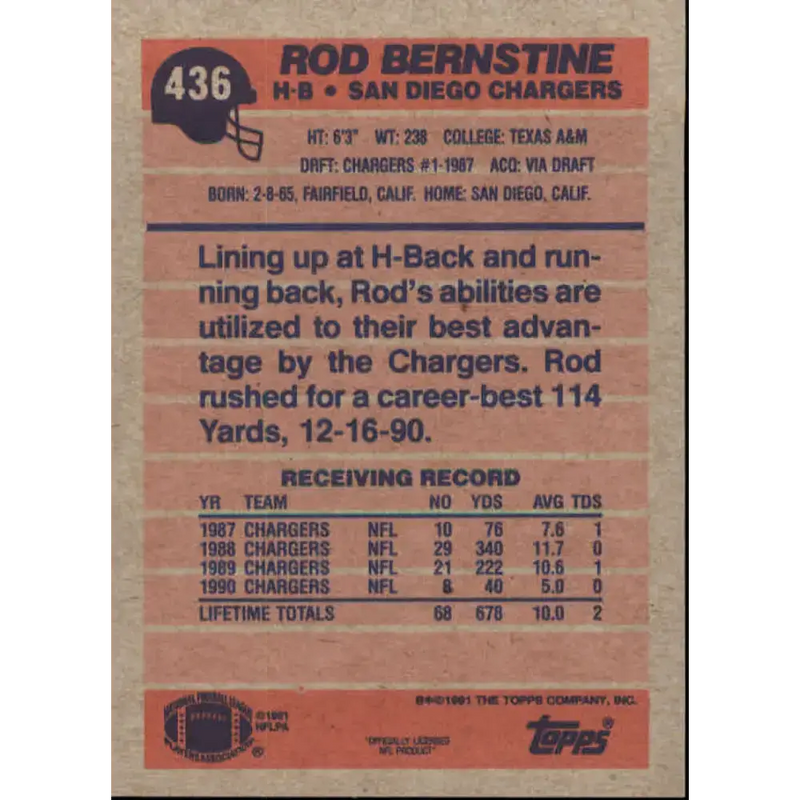 1991 Topps #436 Rod Bernstine NM-MT San Diego Chargers Football Card
