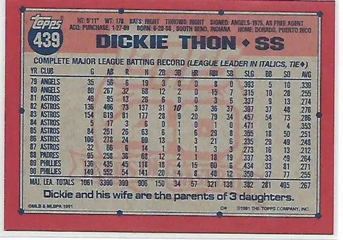 1991 Topps #439 Dickie Thon NM-MT Phillies - Baseball Card Single