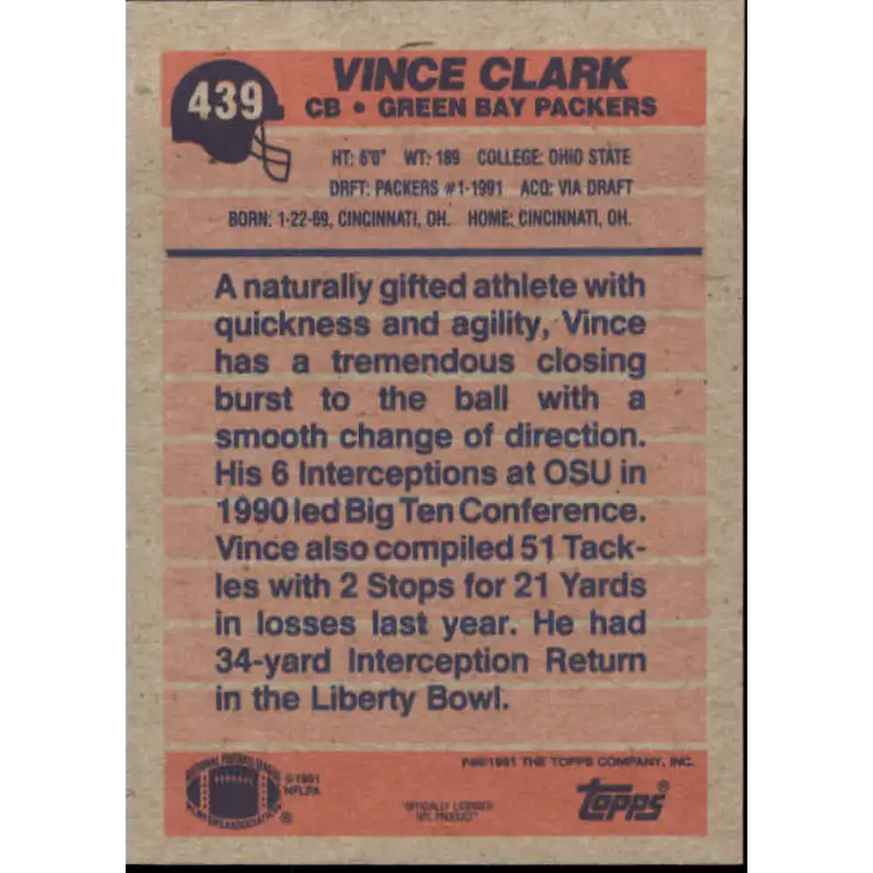 1991 Topps #439 Vince Clark NM-MT RC Rookie Green Bay Packers Football Card - Football Card Single