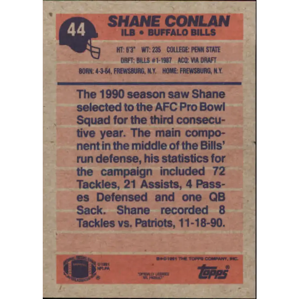 1991 Topps #44 Shane Conlan NM-MT Buffalo Bills Football Card - Football Card Single