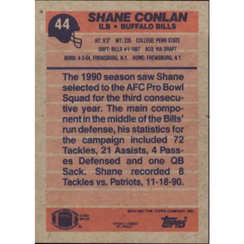 1991 Topps #44 Shane Conlan NM-MT Buffalo Bills Football Card - Football Card Single