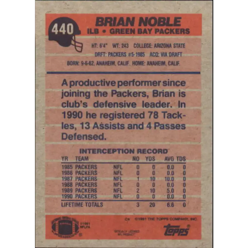 1991 Topps #440 Brian Noble NM-MT Green Bay Packers Football Card - Football Card Single
