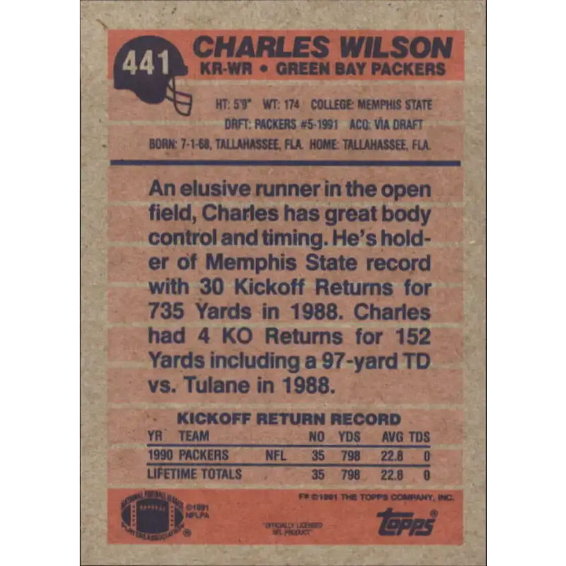 1991 Topps #441 Charles Wilson NM-MT Green Bay Packers Football Card - Football Card Single