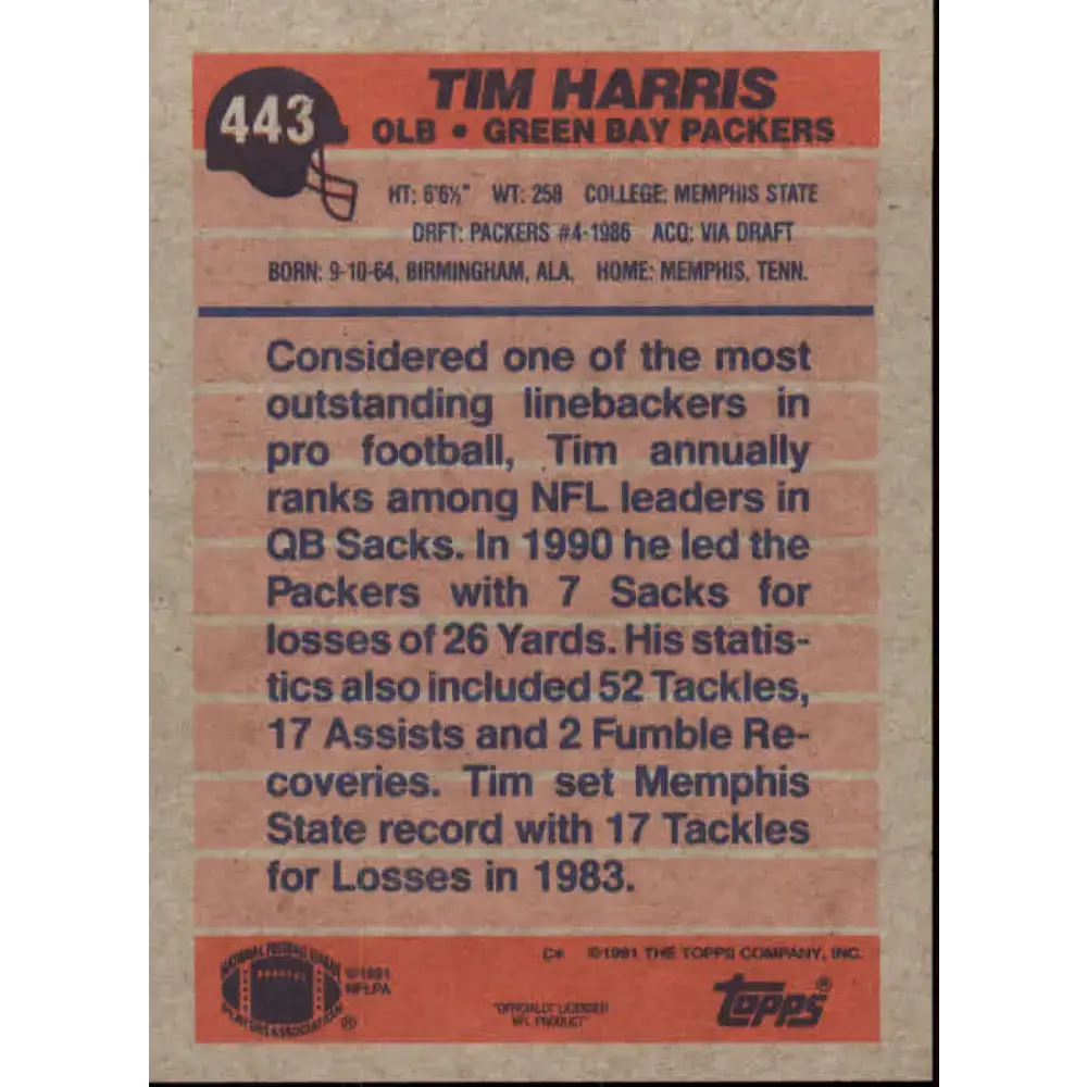 1991 Topps #443 Tim Harris NM-MT Green Bay Packers Football Card - Football Card Single