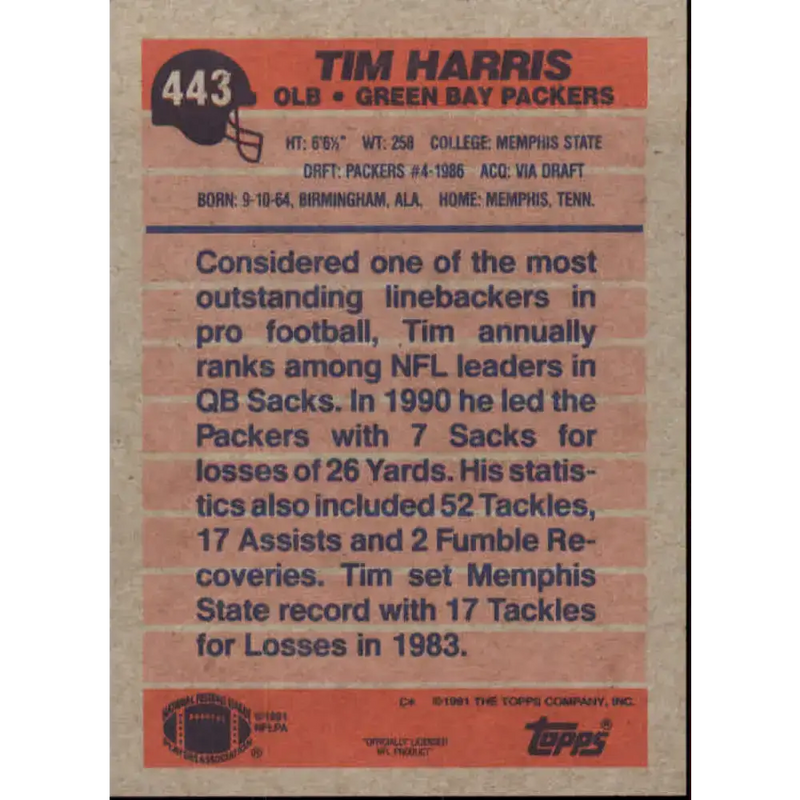 1991 Topps #443 Tim Harris NM-MT Green Bay Packers Football Card - Football Card Single