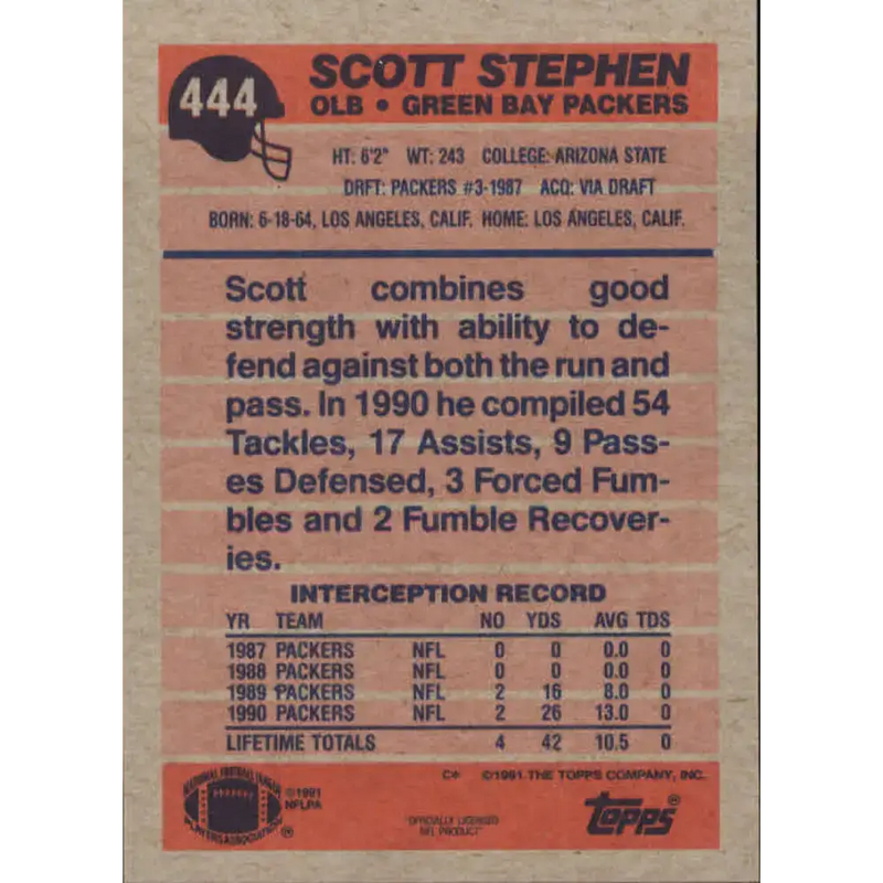 1991 Topps #444 Scott Stephen NM-MT RC Rookie Green Bay Packers Football Card - Football Card Single