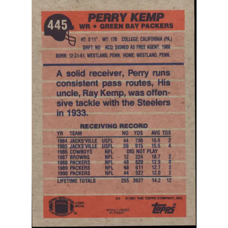 1991 Topps #445 Perry Kemp NM-MT Green Bay Packers Football Card - Football Card Single