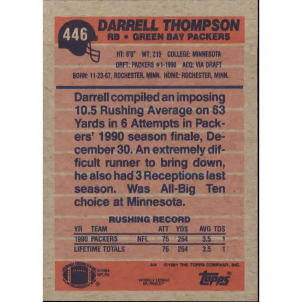 1991 Topps #446 Darrell Thompson NM-MT Green Bay Packers Football Card