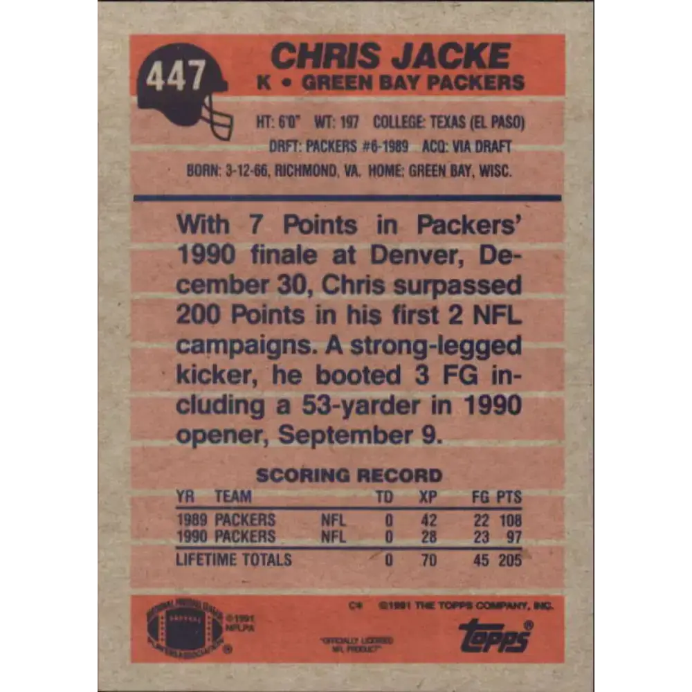 1991 Topps #447 Chris Jacke NM-MT Green Bay Packers Football Card - Football Card Single