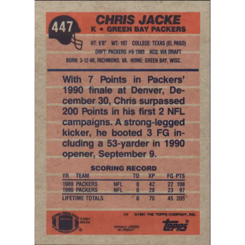 1991 Topps #447 Chris Jacke NM-MT Green Bay Packers Football Card - Football Card Single