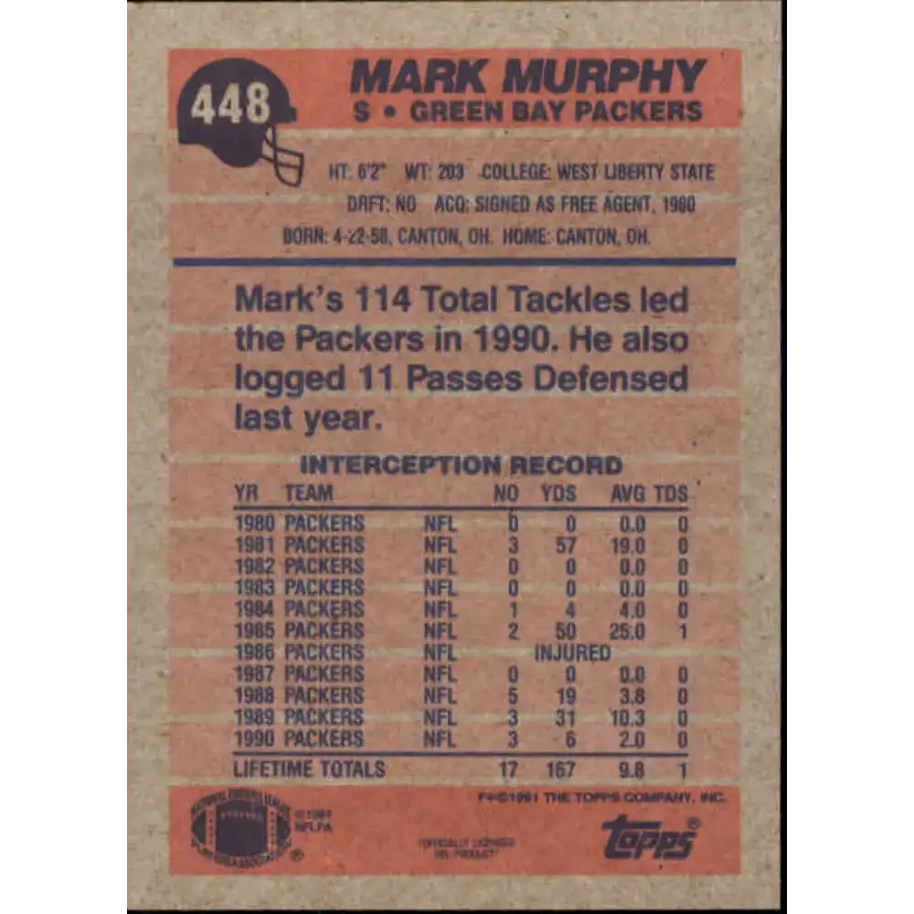 1991 Topps #448 Mark Murphy NM-MT Green Bay Packers Football Card - Football Card Single
