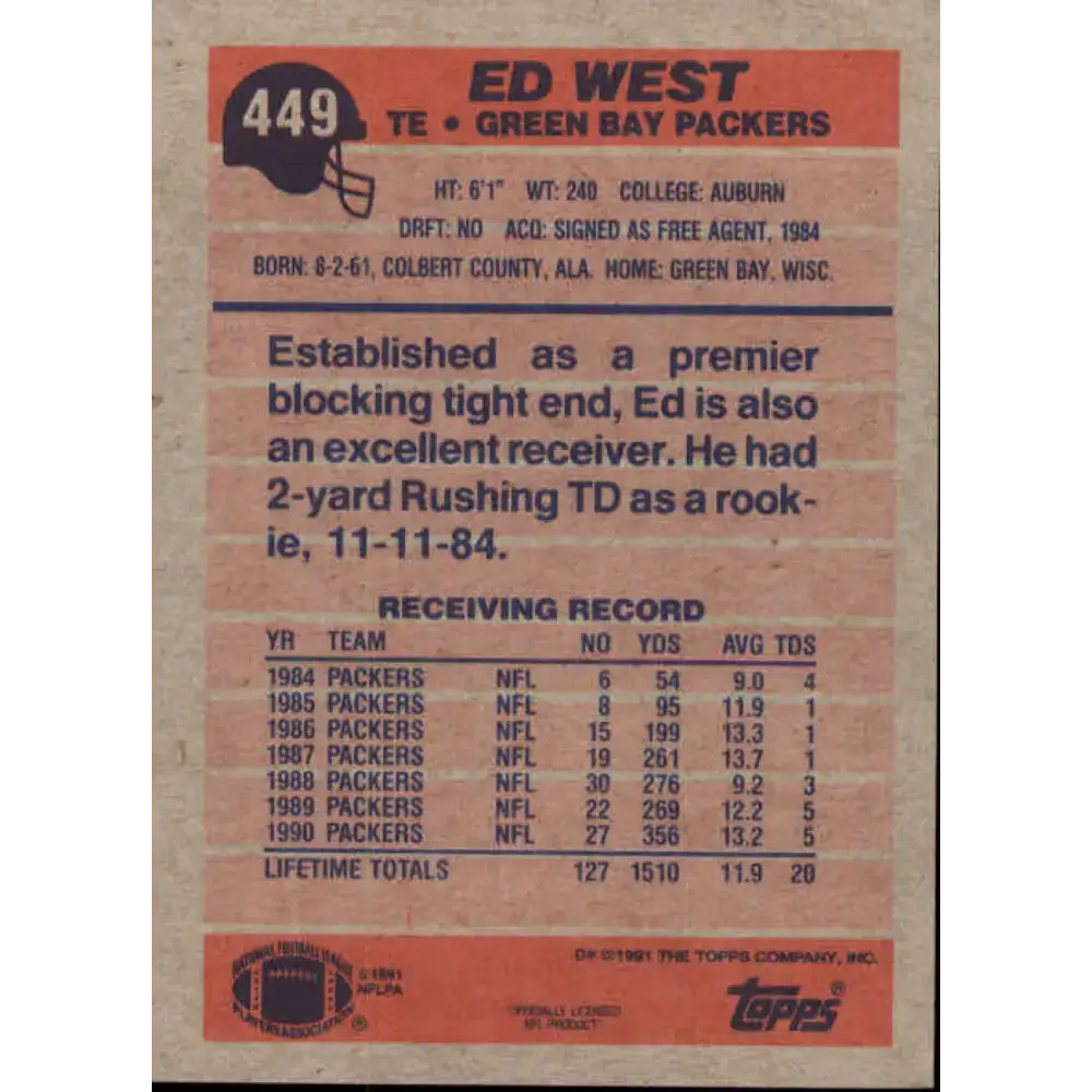 1991 Topps #449 Ed West NM-MT Green Bay Packers Football Card - Football Card Single