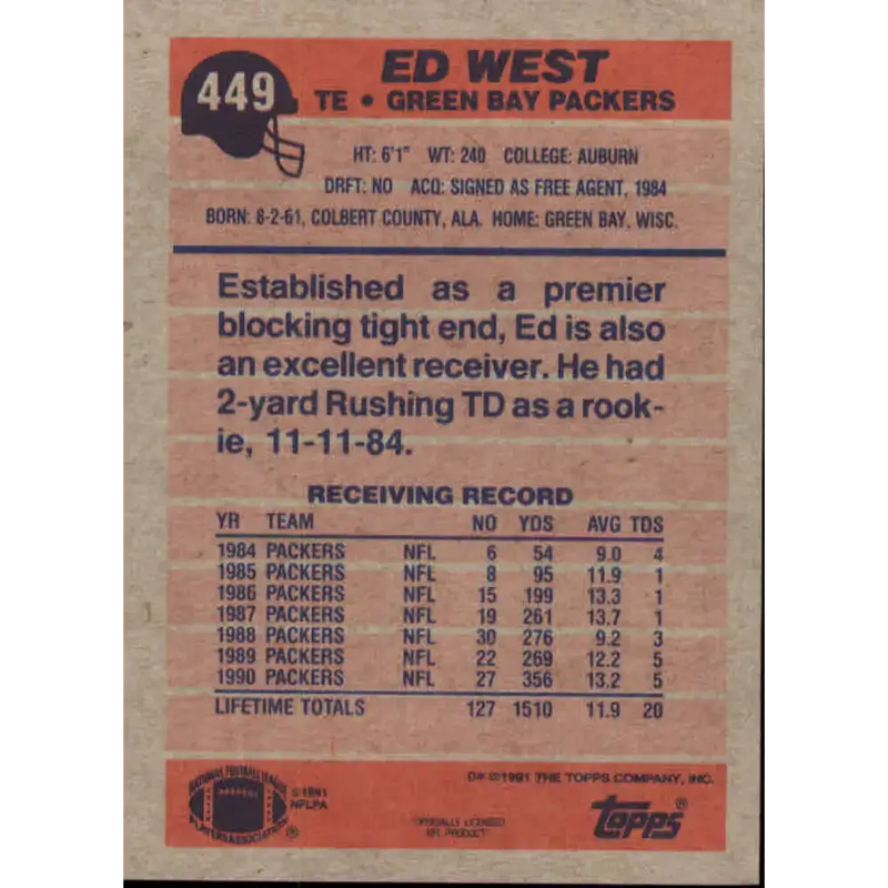 1991 Topps #449 Ed West NM-MT Green Bay Packers Football Card - Football Card Single