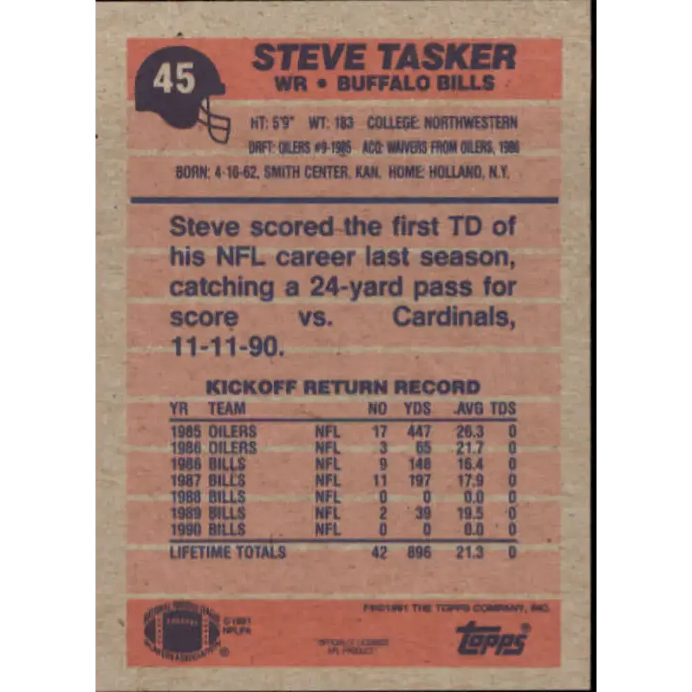 1991 Topps #45 Steve Tasker NM-MT Buffalo Bills Football Card