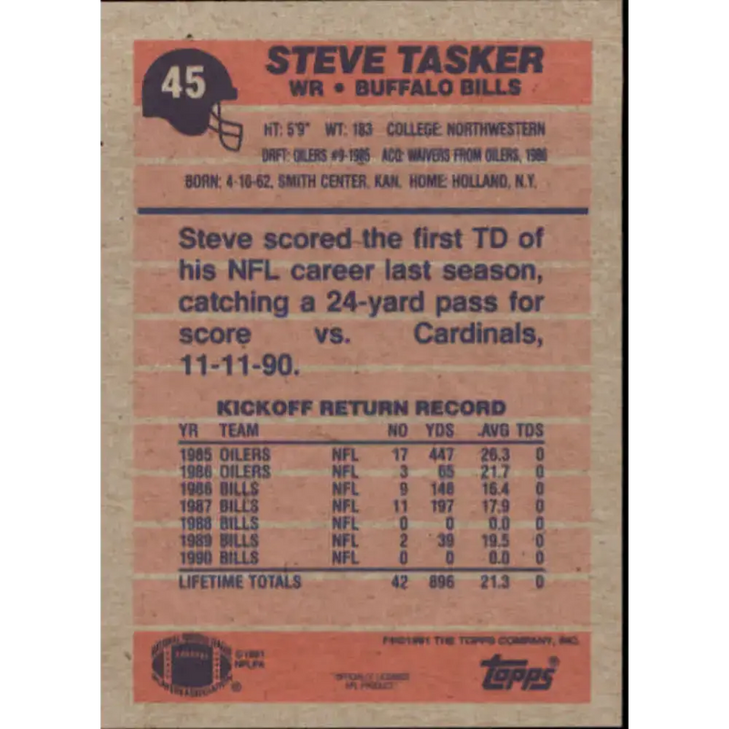 1991 Topps #45 Steve Tasker NM-MT Buffalo Bills Football Card
