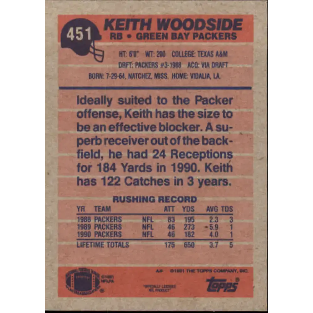 1991 Topps #451 Keith Woodside NM-MT Green Bay Packers Football Card - Football Card Single