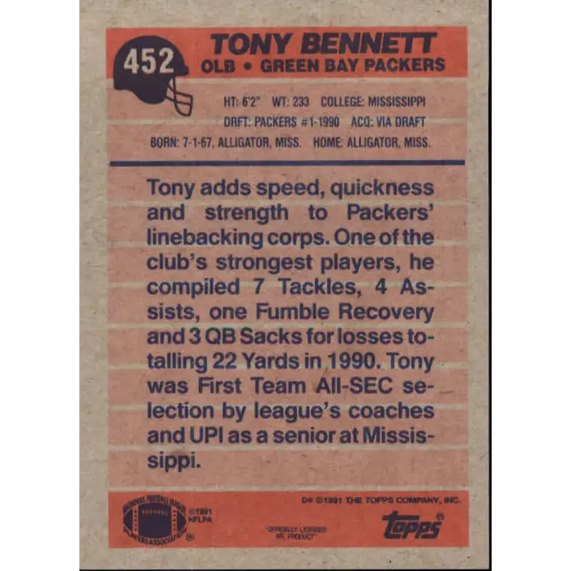 1991 Topps #452 Tony Bennett NM-MT Green Bay Packers Football Card - Football Card Single