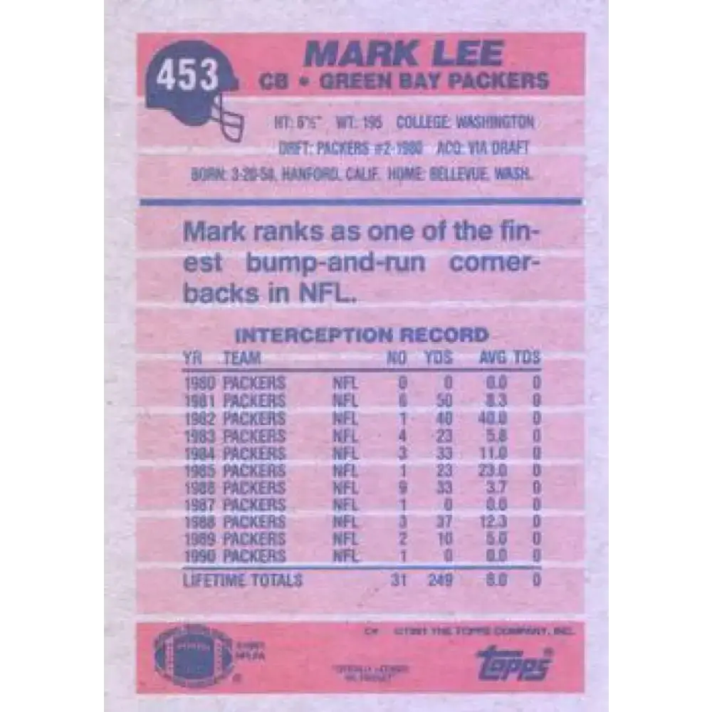 1991 Topps #453 Mark Lee NM-MT Green Bay Packers Football Card - Football Card Single