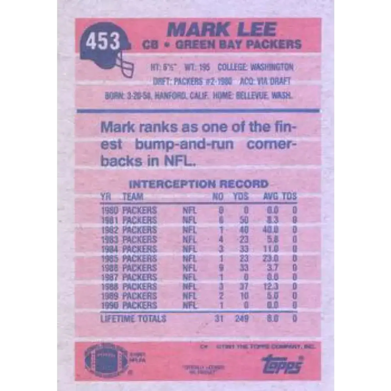 1991 Topps #453 Mark Lee NM-MT Green Bay Packers Football Card - Football Card Single