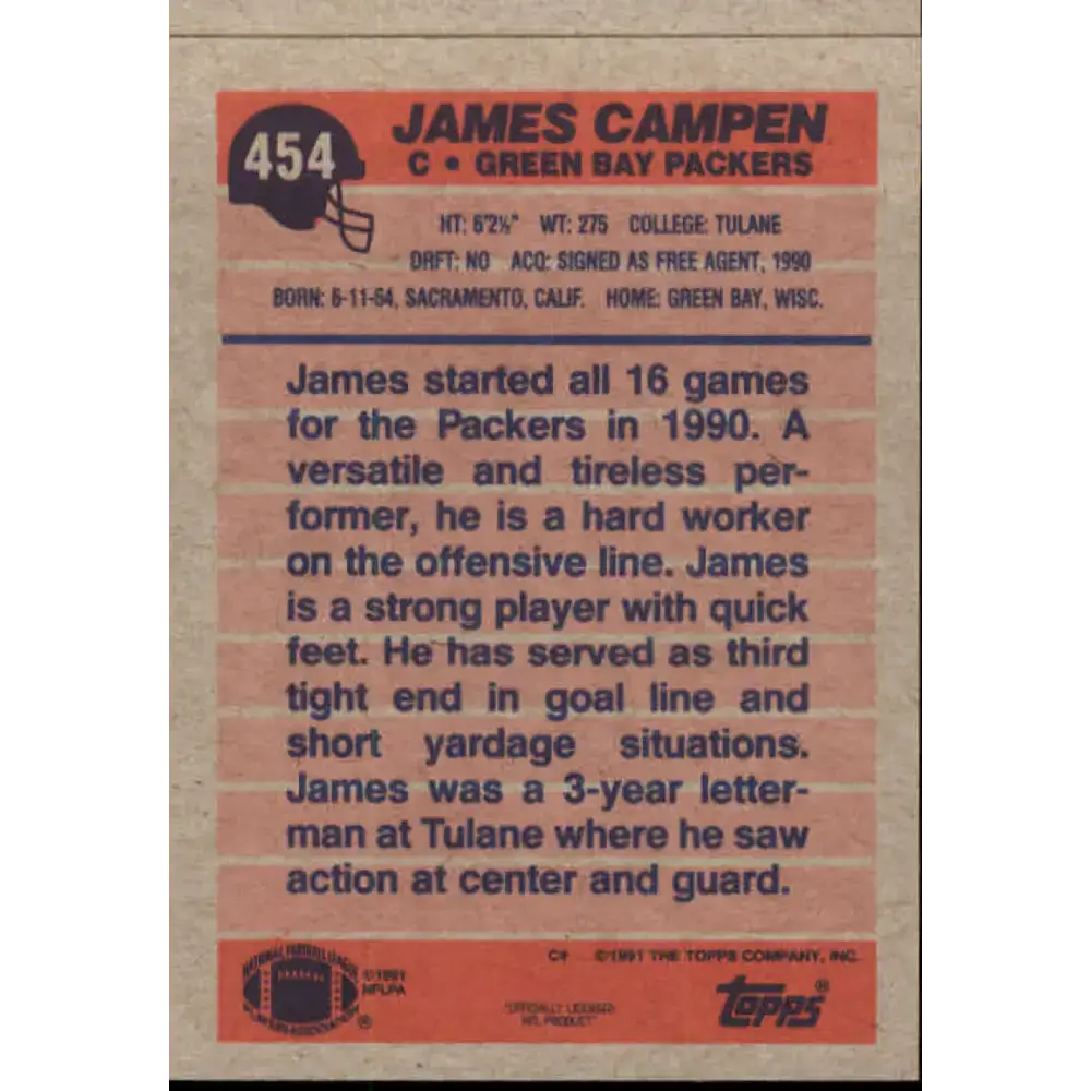 1991 Topps #454 James Campen NM-MT RC Rookie Green Bay Packers Football Card - Football Card Single