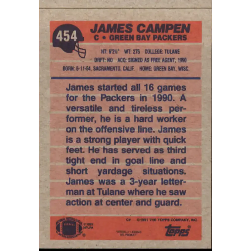 1991 Topps #454 James Campen NM-MT RC Rookie Green Bay Packers Football Card - Football Card Single