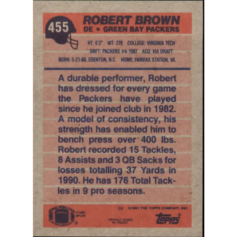1991 Topps #455 Robert Brown NM-MT Green Bay Packers Football Card - Football Card Single