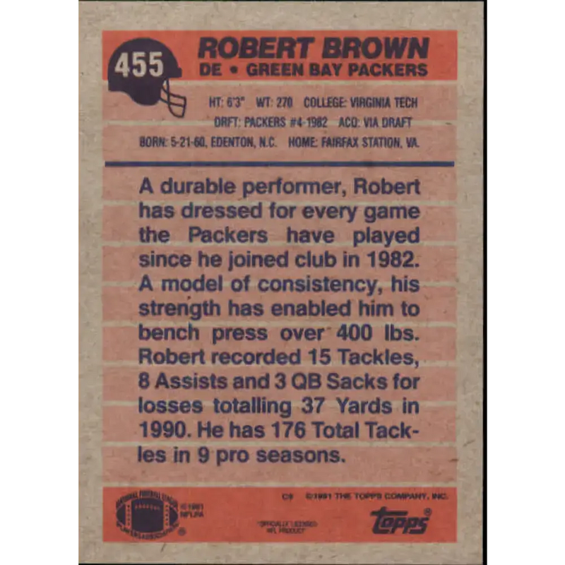 1991 Topps #455 Robert Brown NM-MT Green Bay Packers Football Card - Football Card Single