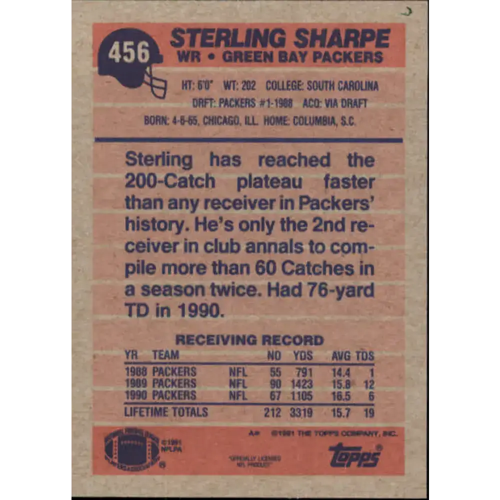 1991 Topps #456 Sterling Sharpe NM-MT Green Bay Packers Football Card - Football Card Single