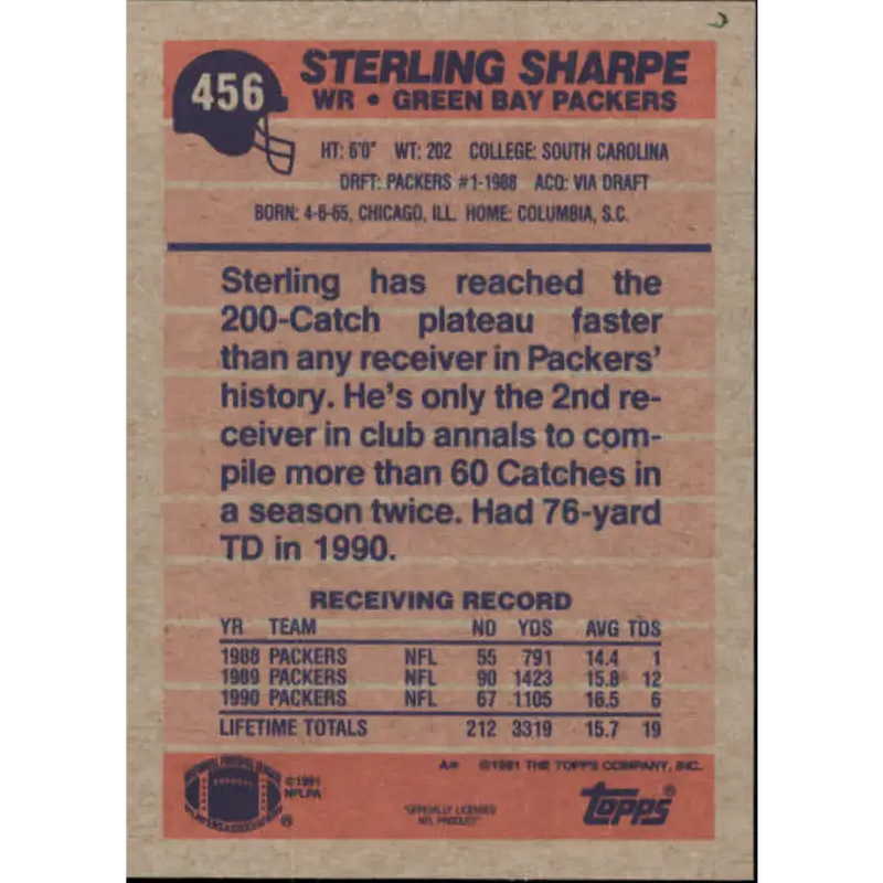 1991 Topps #456 Sterling Sharpe NM-MT Green Bay Packers Football Card - Football Card Single