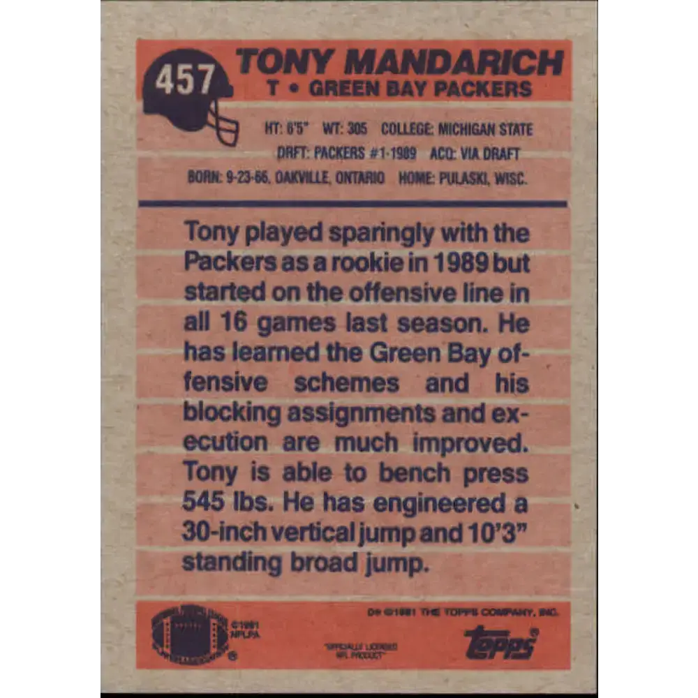 1991 Topps #457A Tony Mandarich NM-MT Green Bay Packers Football Card - Football Card Single